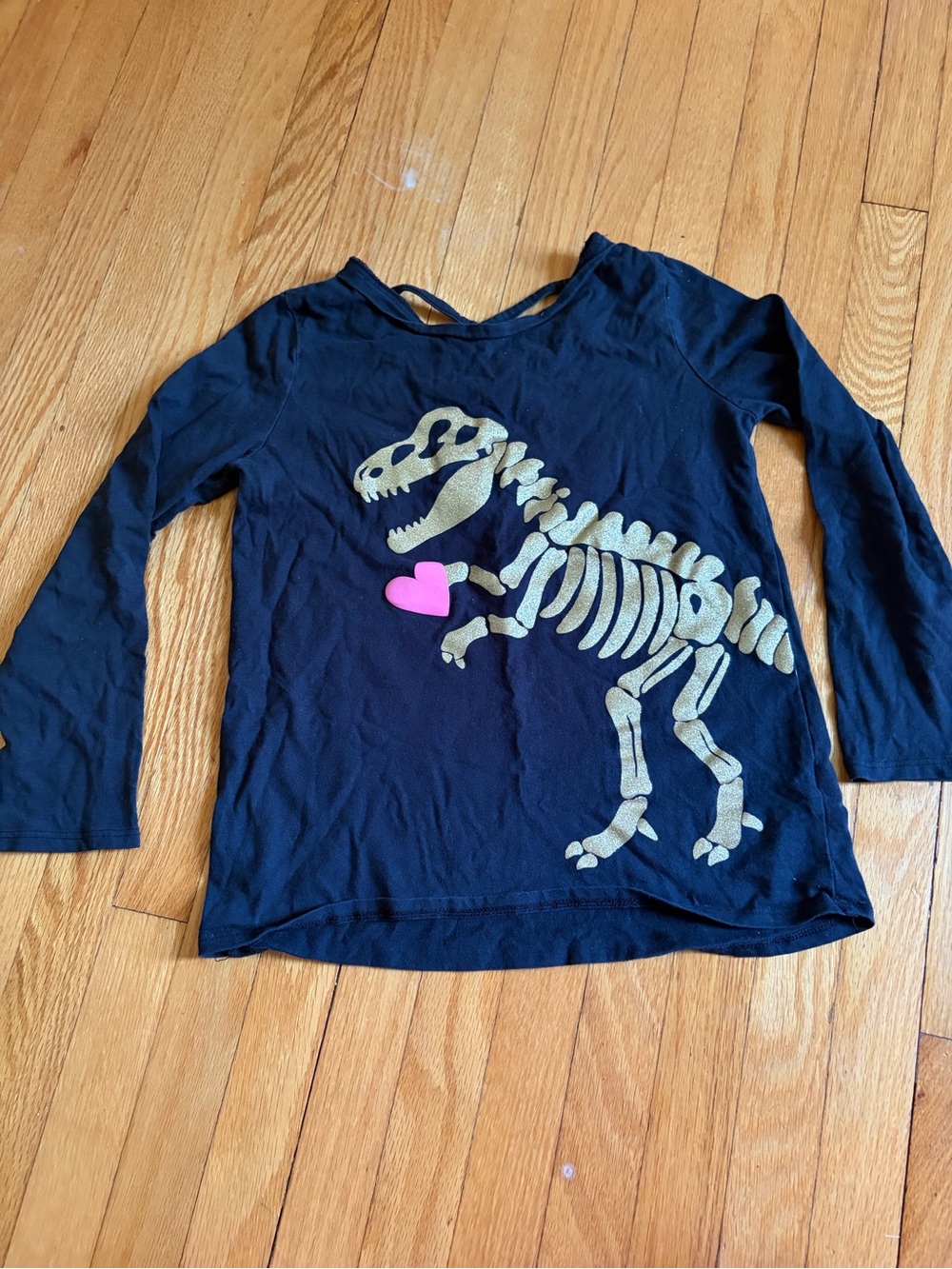 Kids Black Long-Sleeve Top with Gold Dinosaur Skeleton and Pink Heart